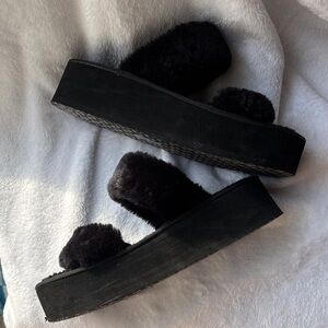 Black Fuzzy Platform Sandals